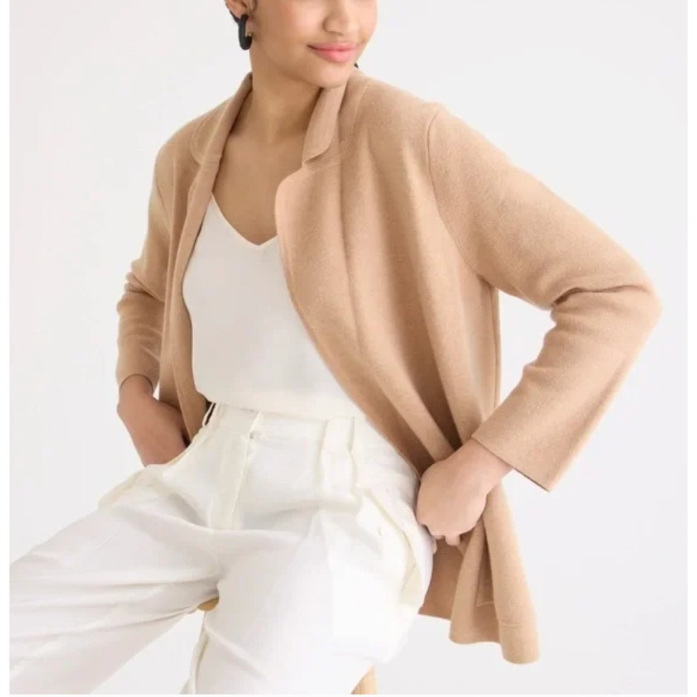J.Crew Eloise Sweater Blazer Women Small Camel Brown Merino Wool Blend Open Knit